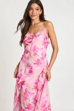 boohoo Robe Longue En Mousseline À Imprimé Floral Avec Détail De Volants<Femme Robes|Robes Longues