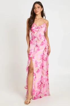 boohoo Robe Longue En Mousseline À Imprimé Floral Avec Détail De Volants<Femme Robes|Robes Longues