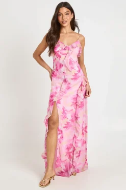 boohoo Robe Longue En Mousseline À Imprimé Floral Avec Détail De Volants<Femme Robes|Robes Longues