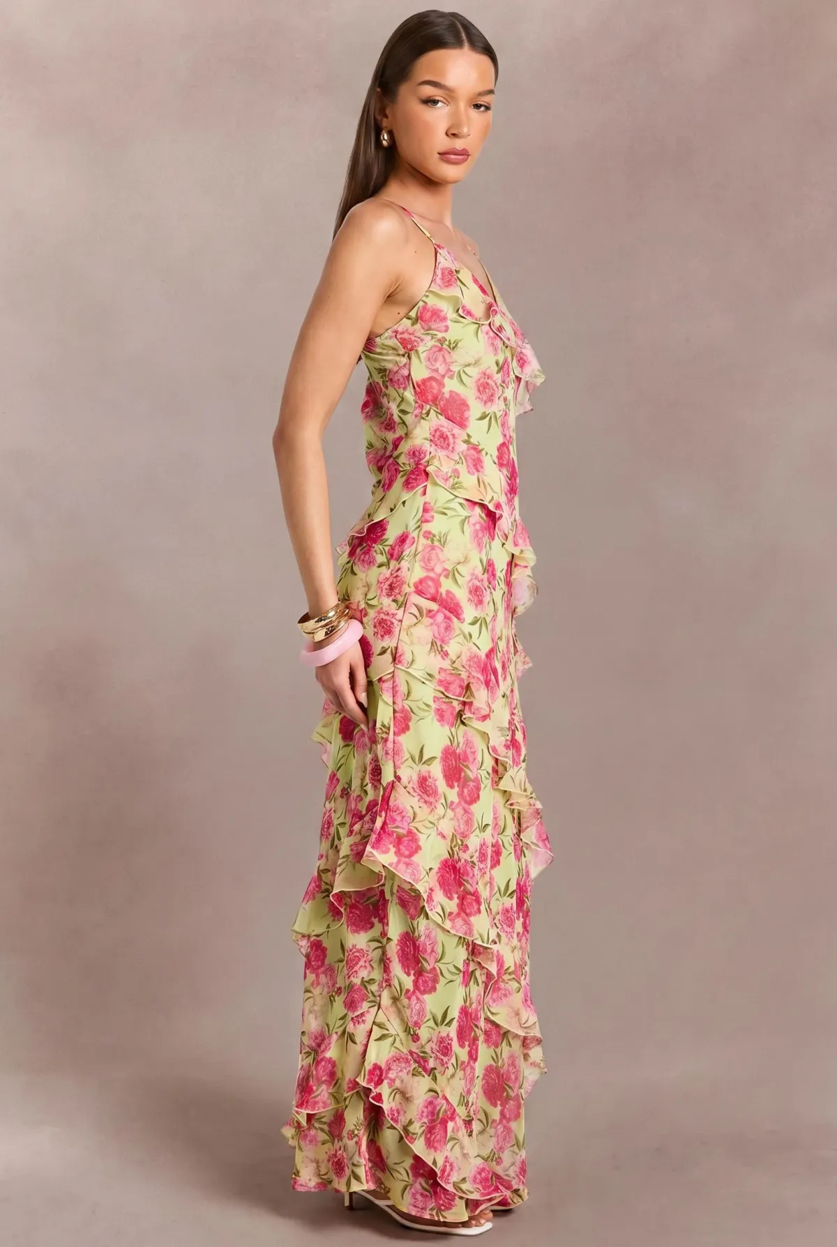 boohoo Robe Longue En Mousseline À Imprimé Floral Pastel Avec Détails À Volants<Femme Robes|Robe Invitée Mariage