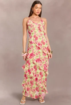 boohoo Robe Longue En Mousseline À Imprimé Floral Pastel Avec Détails À Volants<Femme Robes|Robe Invitée Mariage