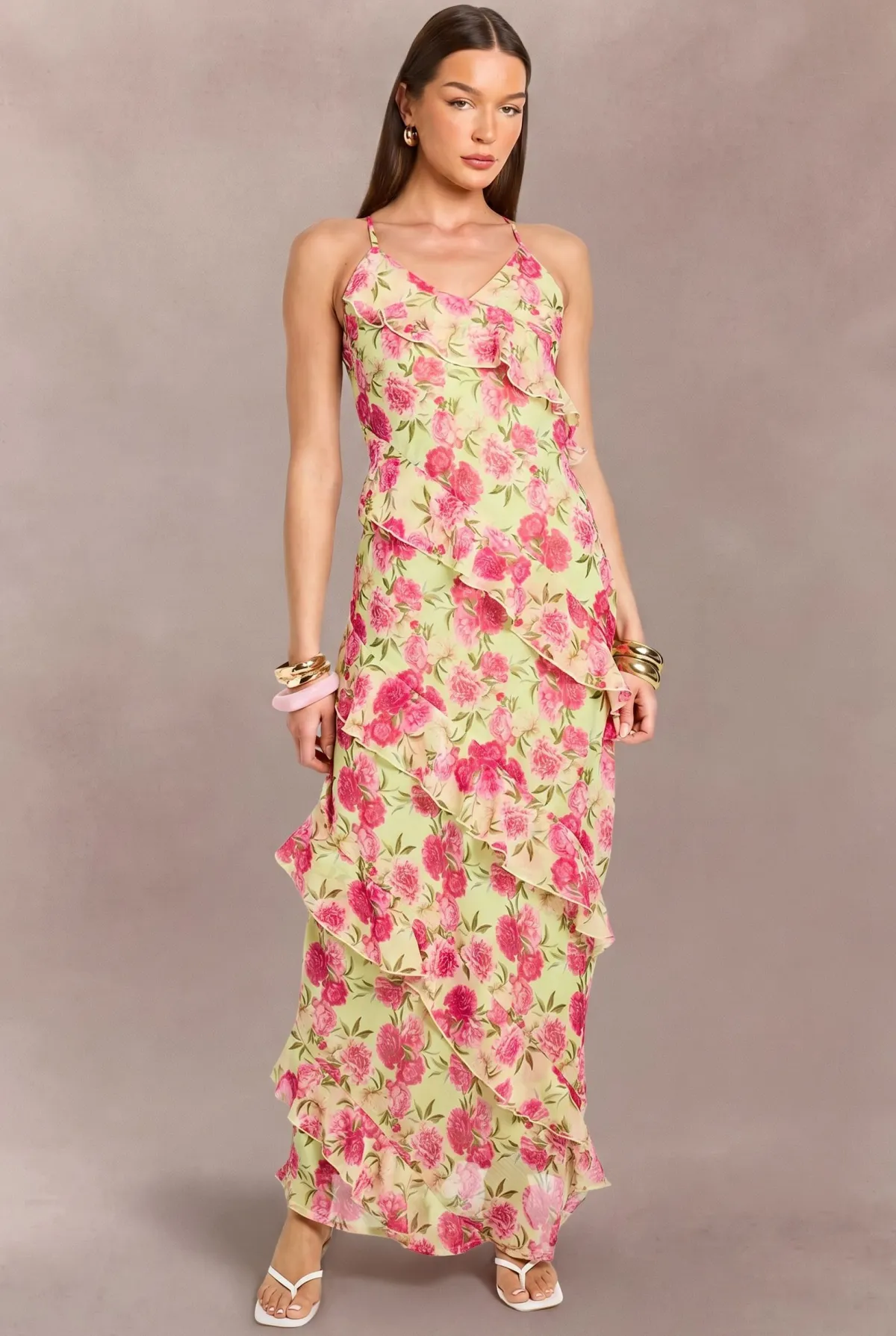 boohoo Robe Longue En Mousseline À Imprimé Floral Pastel Avec Détails À Volants<Femme Robes|Robe Invitée Mariage