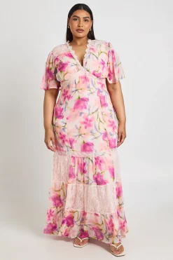 Robe Longue En Mousseline À Imprimé Floral Avec Bordure En Dentelle Grande Taille