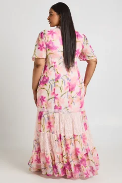 Robe Longue En Mousseline À Imprimé Floral Avec Bordure En Dentelle Grande Taille