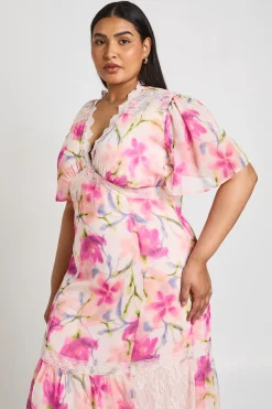 Robe Longue En Mousseline À Imprimé Floral Avec Bordure En Dentelle Grande Taille