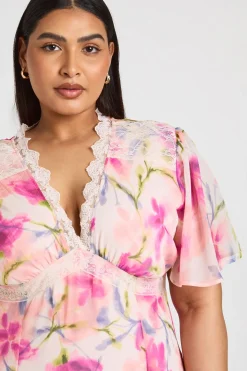 Robe Longue En Mousseline À Imprimé Floral Avec Bordure En Dentelle Grande Taille