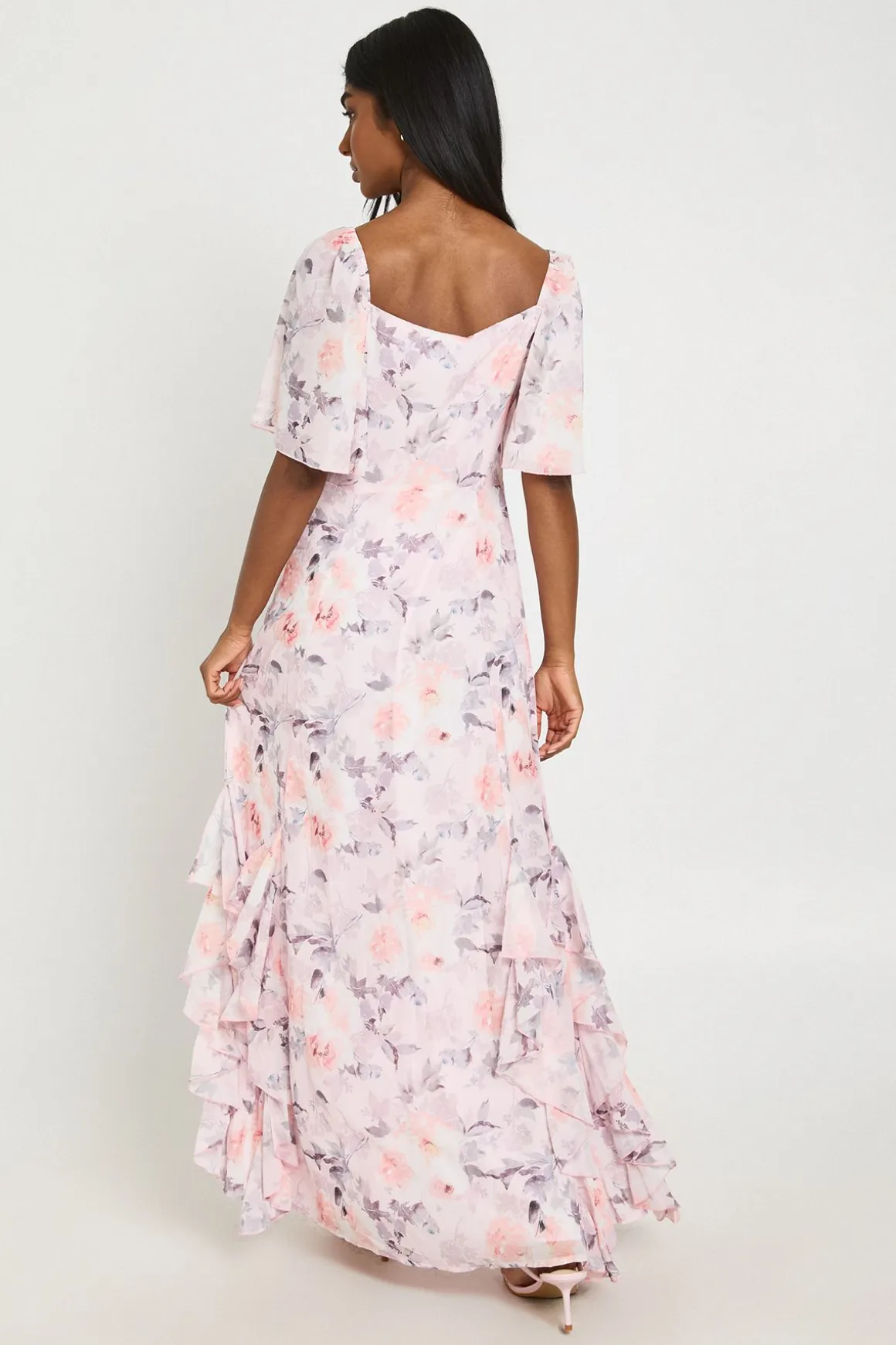 Robe Longue En Mousseline À Imprimé Fleuri Avec Manches Courtes Et Détails À Volants