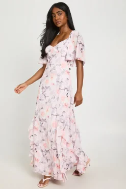 Robe Longue En Mousseline À Imprimé Fleuri Avec Manches Courtes Et Détails À Volants