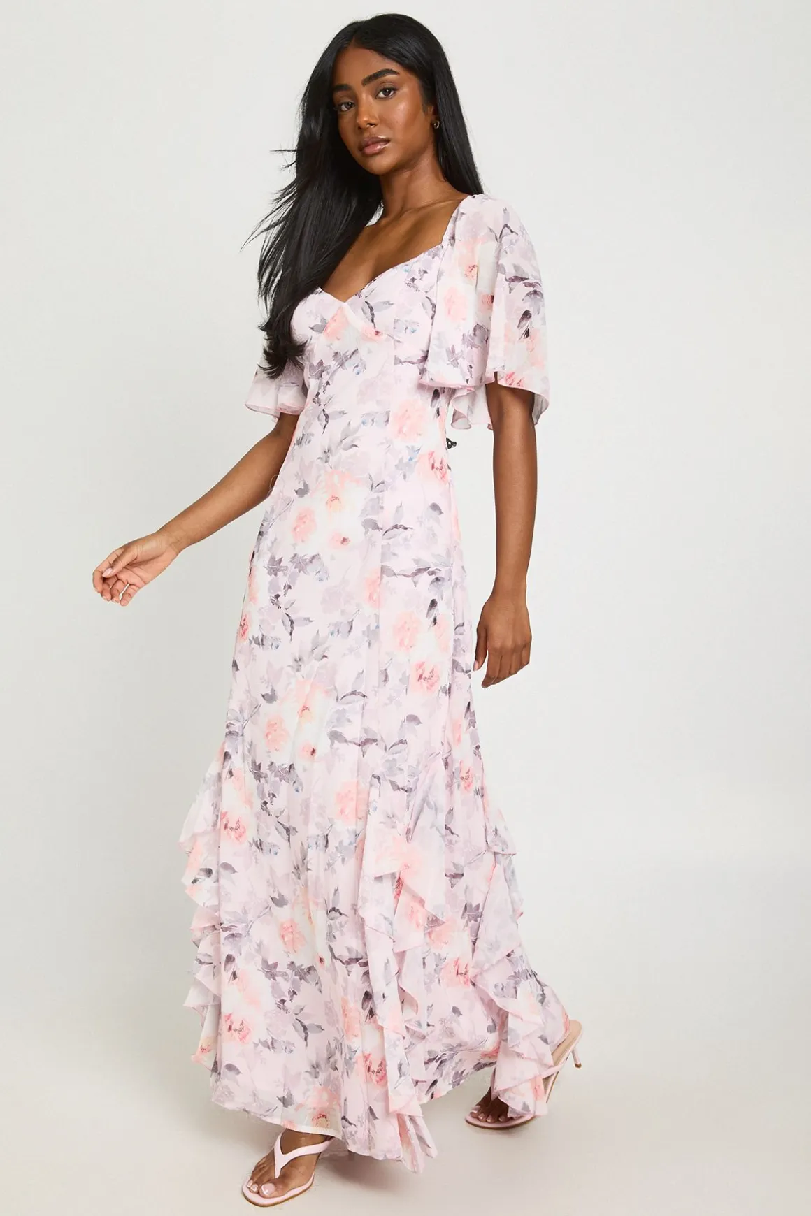 Robe Longue En Mousseline À Imprimé Fleuri Avec Manches Courtes Et Détails À Volants