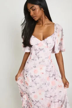 Robe Longue En Mousseline À Imprimé Fleuri Avec Manches Courtes Et Détails À Volants