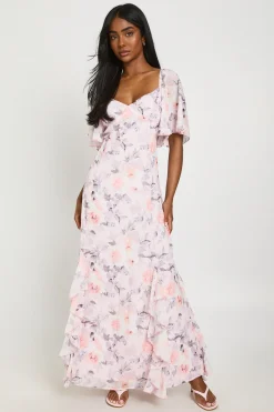 Robe Longue En Mousseline À Imprimé Fleuri Avec Manches Courtes Et Détails À Volants