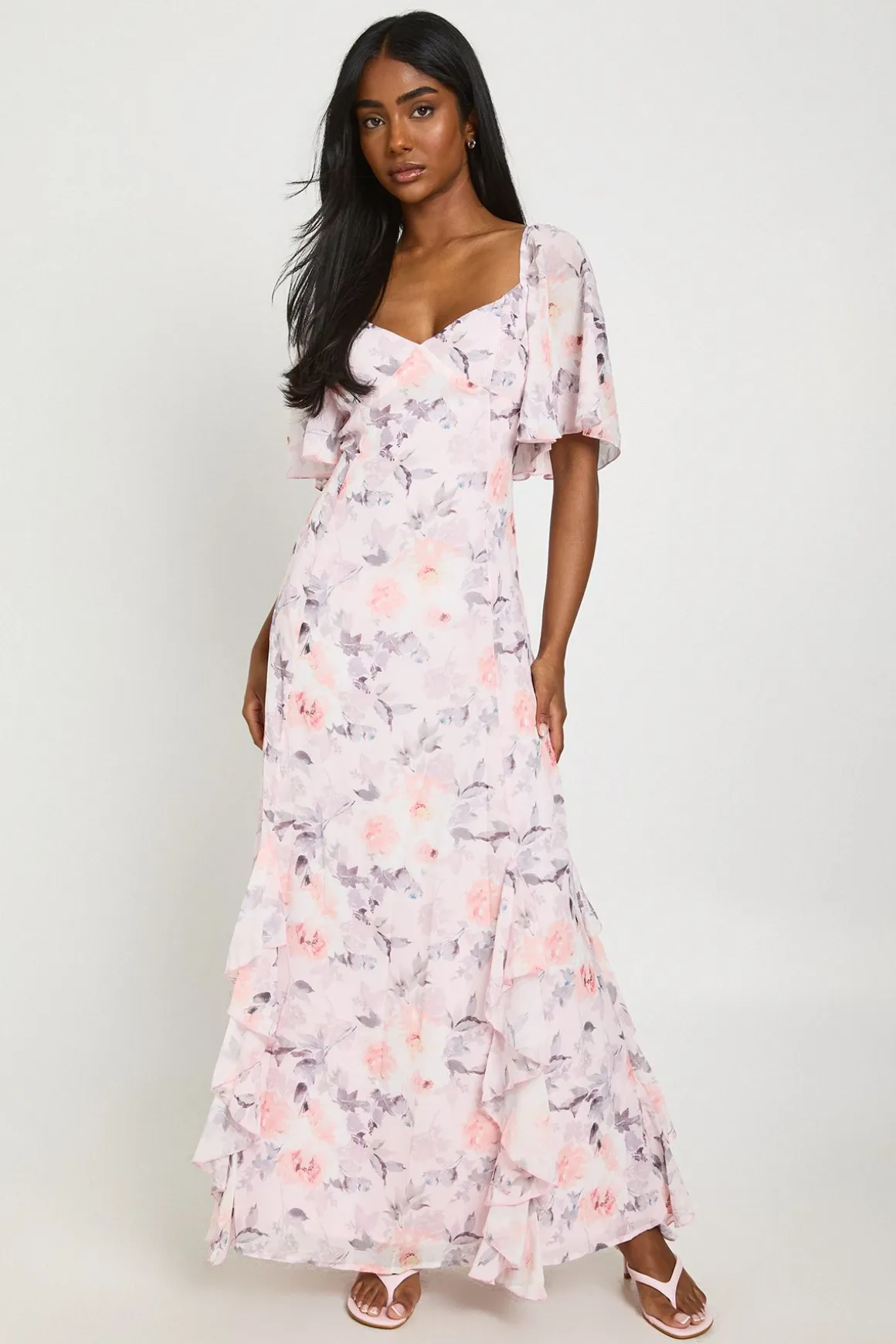 Robe Longue En Mousseline À Imprimé Fleuri Avec Manches Courtes Et Détails À Volants