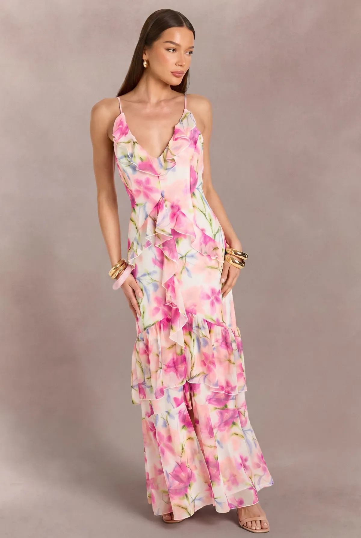 boohoo Robe Longue En Mousseline À Imprimé Fleuri Avec Détails À Volants<Femme Robes|Robe Invitée Mariage