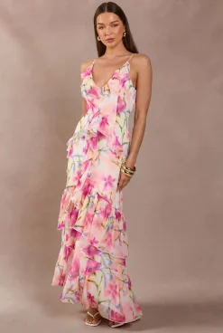 boohoo Robe Longue En Mousseline À Imprimé Fleuri Avec Détails À Volants<Femme Robes|Robe Invitée Mariage