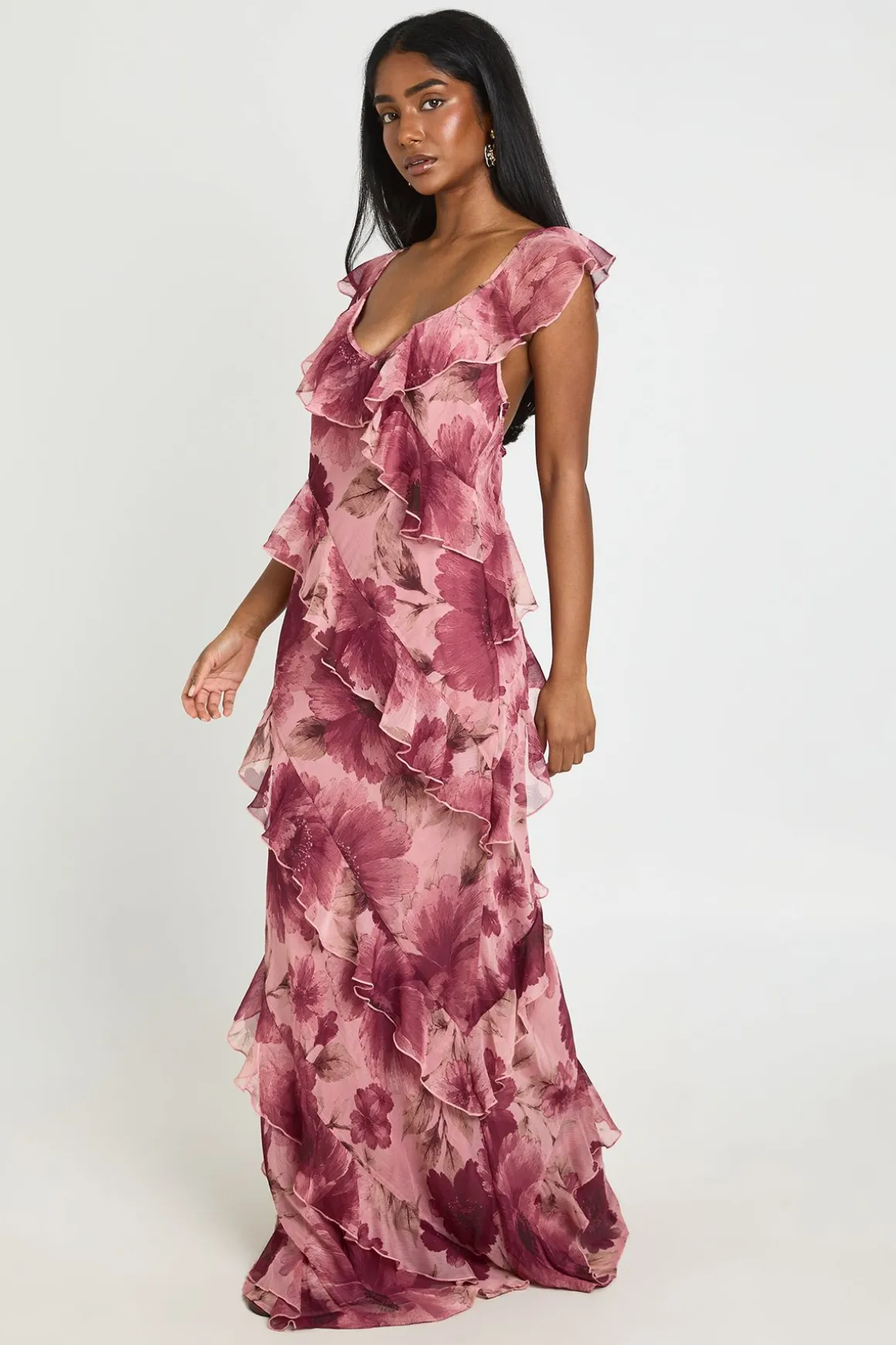 Robe Longue En Mousseline À Imprimé Floral Tonal Avec Détails De Volants