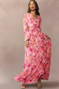 boohoo Robe Longue En Mousseline À Imprimé Floral Et Manches Volumineuses Pour Grande Taille<Femme Robes À Manches Longues|Robes