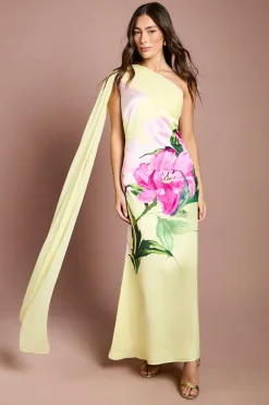 Robe Longue En Mousseline À Imprimé Positionné Et Épaule Dénudée
