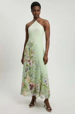 KarenMillen Robe Longue En Mousseline À Imprimé Floral Et Col Licou Petite<Femme Toutes Les Robes|Robes
