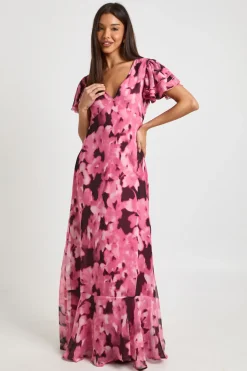 Robe Longue en Mousseline à Motifs Floraux Ton sur Ton