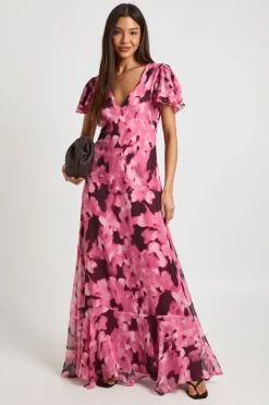 Robe Longue en Mousseline à Motifs Floraux Ton sur Ton