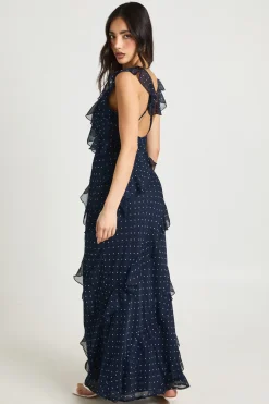 boohoo Robe Longue En Mousseline À Pois Avec Volants Et Bretelles<Femme Pois|Robes