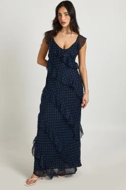 boohoo Robe Longue En Mousseline À Pois Avec Volants Et Bretelles<Femme Pois|Robes