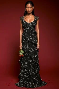 Robe Longue en Mousseline à Pois avec Volants et Bretelles