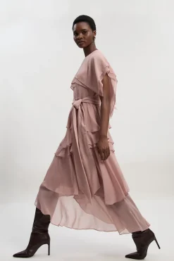 KarenMillen Robe longue en mousseline tissée avec détails à volants<Femme Robes Bal De Promo|Robes