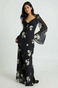 Robe Longue En Mousseline À Volants Motif Fleuri