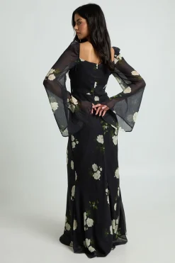 Robe Longue En Mousseline À Volants Motif Fleuri