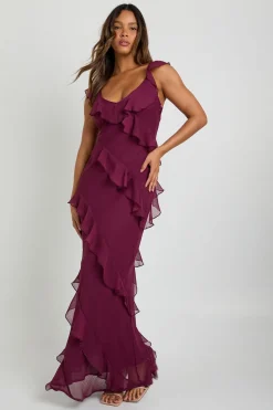 Robe Longue En Mousseline À Volants Et Bretelles