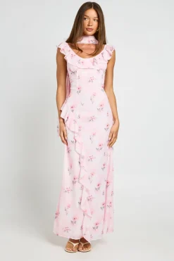 Robe Longue En Mousseline À Volants Avec Foulard