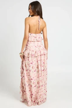 Robe Longue En Mousseline À Volants Et Col Licou À Motif Floral