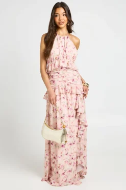 Robe Longue En Mousseline À Volants Et Col Licou À Motif Floral