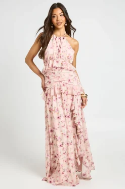Robe Longue En Mousseline À Volants Et Col Licou À Motif Floral