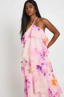 Robe Longue En Mousseline À Volants Étagés Et Col Licou Motif Floral