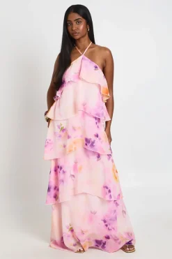 Robe Longue En Mousseline À Volants Étagés Et Col Licou Motif Floral