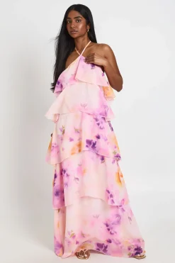 Robe Longue En Mousseline À Volants Étagés Et Col Licou Motif Floral