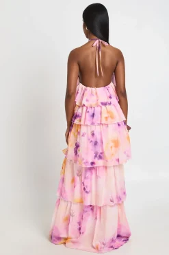 Robe Longue En Mousseline À Volants Étagés Et Col Licou Motif Floral