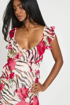 Robe Longue En Mousseline À Volants Imprimé Floral Zèbre Et Pois
