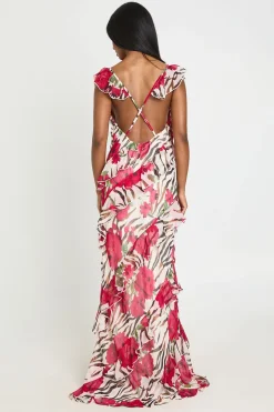 Robe Longue En Mousseline À Volants Imprimé Floral Zèbre Et Pois