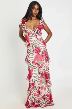 Robe Longue En Mousseline À Volants Imprimé Floral Zèbre Et Pois