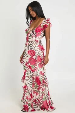 Robe Longue En Mousseline À Volants Imprimé Floral Zèbre Et Pois