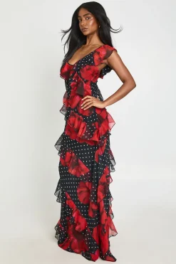 Robe Longue En Mousseline À Volants À Pois Et Motifs Floraux