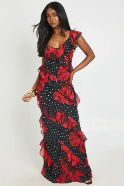 Robe Longue En Mousseline À Volants À Pois Et Motifs Floraux