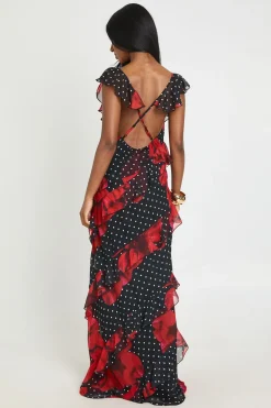 Robe Longue En Mousseline À Volants À Pois Et Motifs Floraux