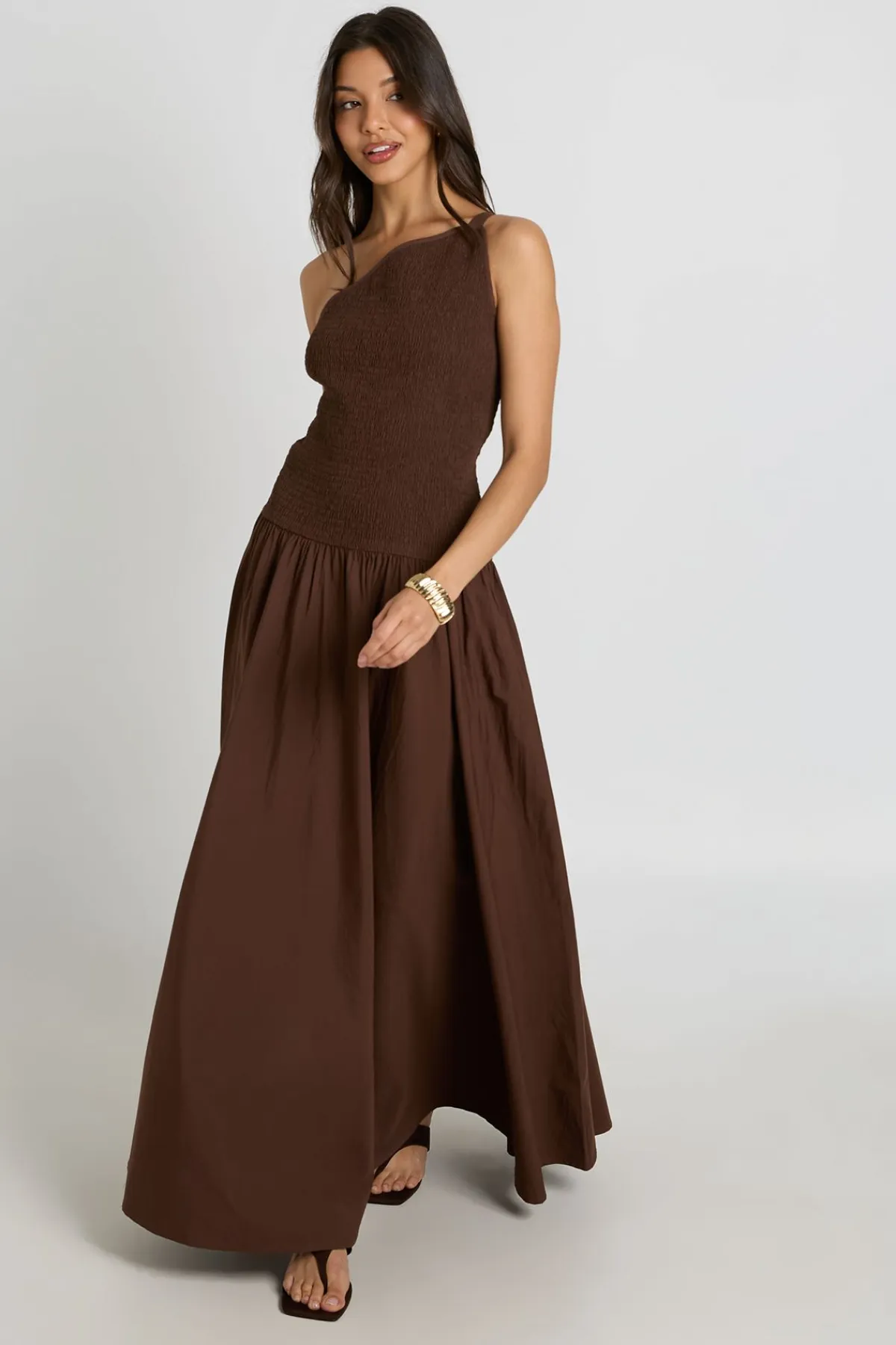 boohoo Robe Longue En Popeline Avec Corsage Froncé Et Encolure Asymétrique<Femme Robes Patineuses|Robes