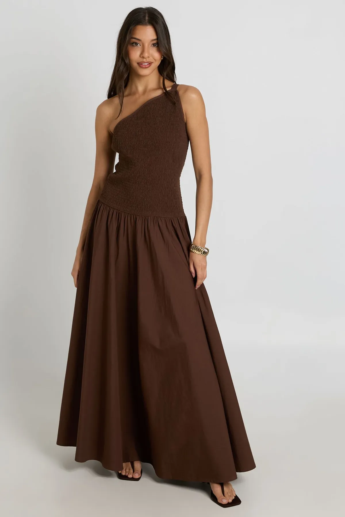 boohoo Robe Longue En Popeline Avec Corsage Froncé Et Encolure Asymétrique<Femme Robes Patineuses|Robes