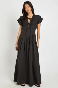 Robe Longue En Popeline De Coton Avec Détail Froncé Et Liens À La Taille