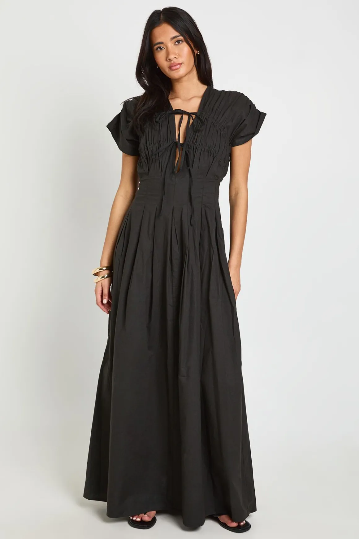 Robe Longue En Popeline De Coton Avec Détail Froncé Et Liens À La Taille